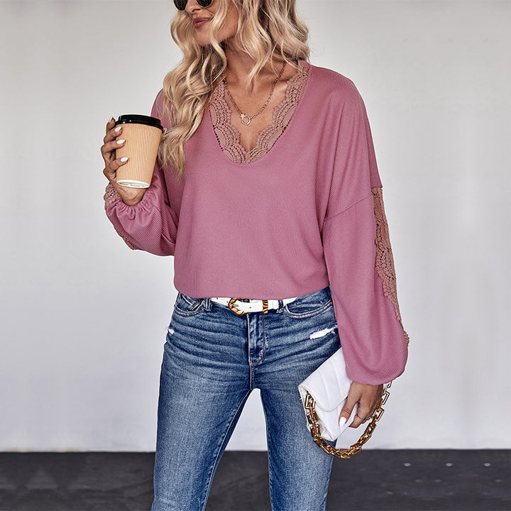Damen Spitzenbesetzte V‑Ausschnitt-Bluse mit Ballonärmeln und Einsätzen Drune