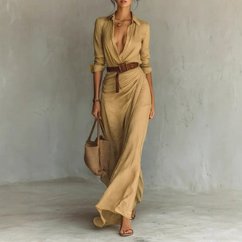 Damen Maxikleid mit klassischem Hemdkragen und seitlichem Schärpenband Drune