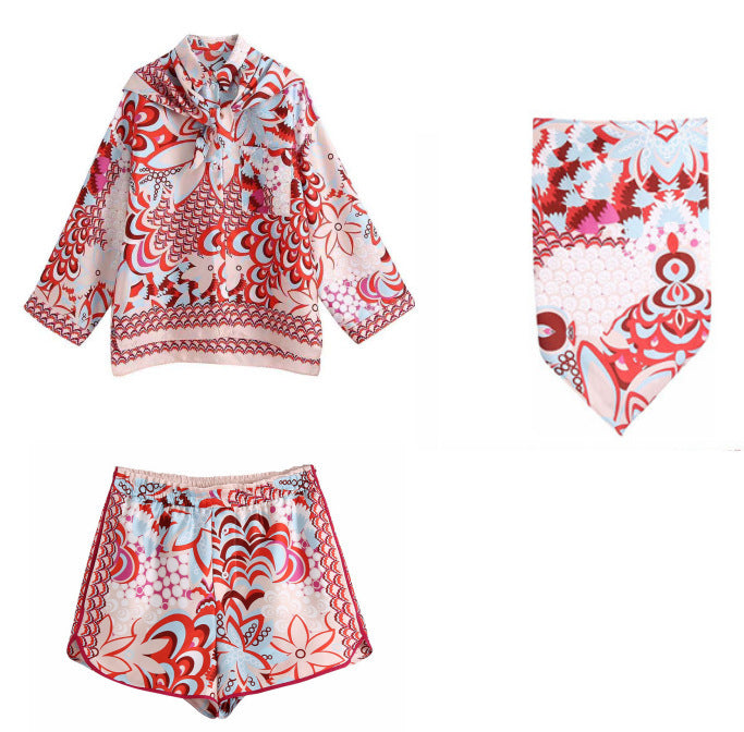Damen Blusen-Shorts-Set mit modischem Druck und Schleifenkragen Drune