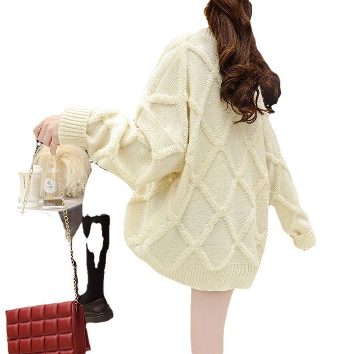 Damen Oversized Pullover mit Strukturmuster und Perlenverzierungen Drune