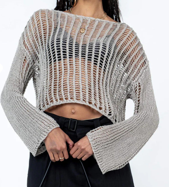 Damen Cropped Open Knit Pullover Drune