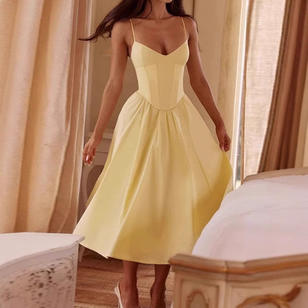 Damen Elegantes A-Linien Midi-Kleid mit Spaghettiträgern und weichem Stoff Drune