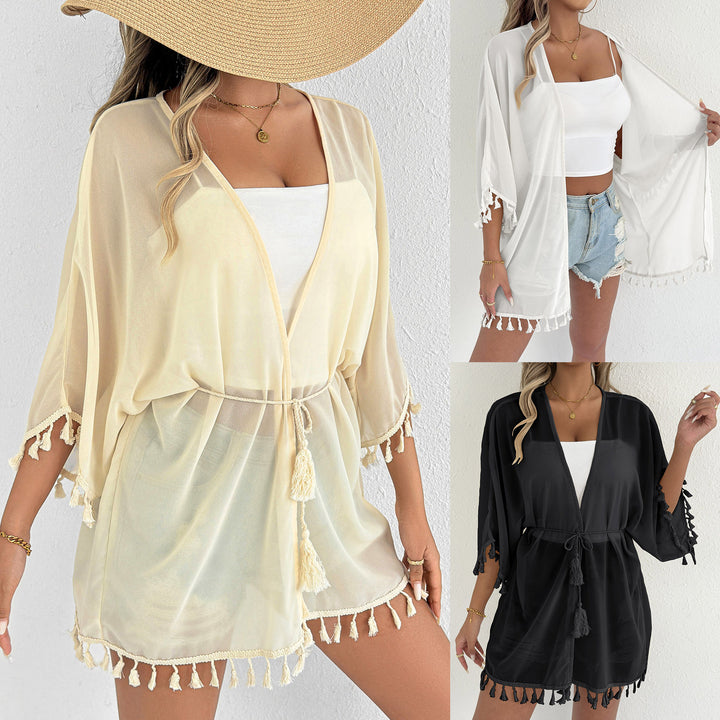 Damen eleganter Strandponcho mit Quasten Drune