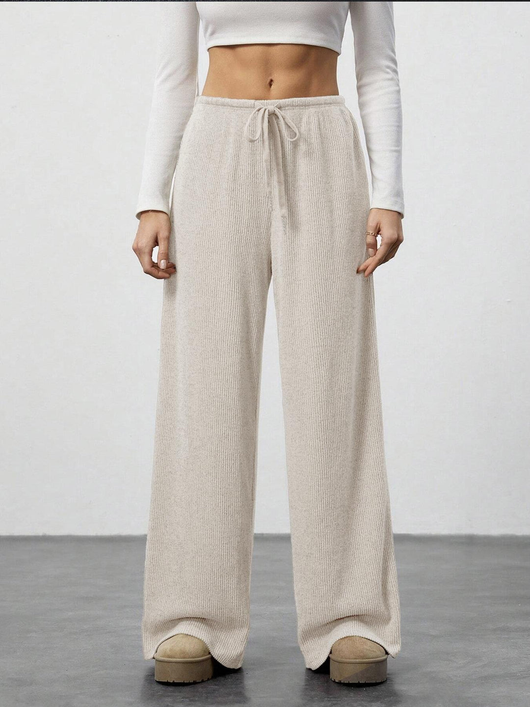 Damen Weiche Rippstrick Loungehose mit weitem Bein und Kordelzug Drune