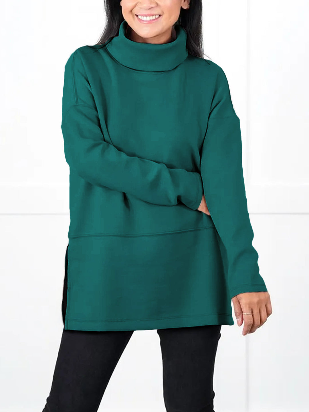 Damen Oversize Sweat-Tunika mit hohem Rollkragen, seitlichen Schlitzen und verlängertem Saum Drune