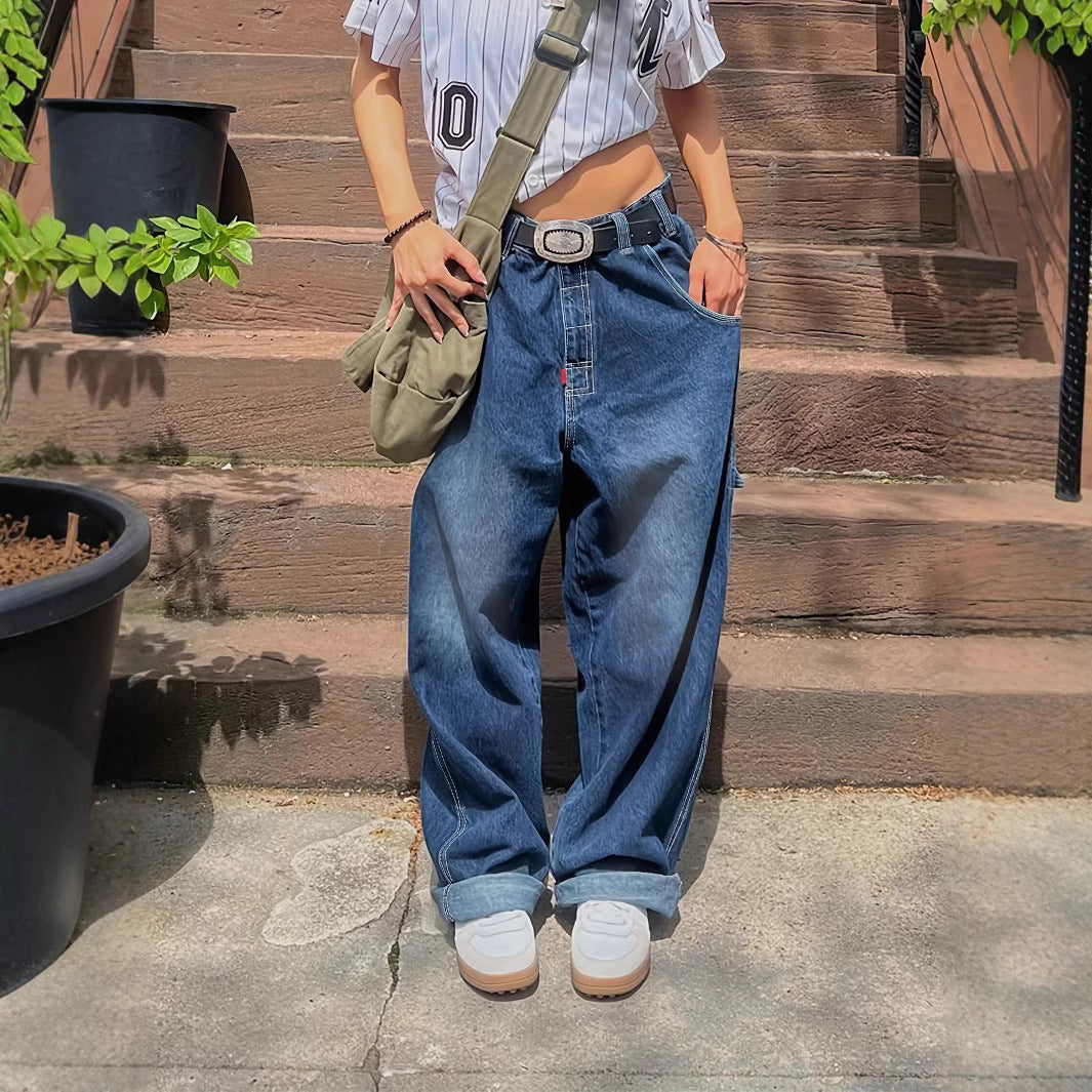 Damen Weit geschnittene Denim-Hose im lässigen Stil mit hohem Bund Drune