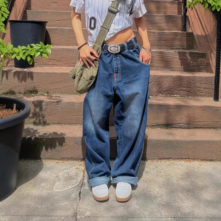 Damen Weit geschnittene Denim-Hose im lässigen Stil mit hohem Bund Drune