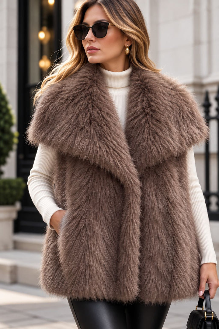 Damen Ärmellose Hochflor‑Kunstfellweste mit voluminösem Schalkragen und Eingrifftaschen Drune