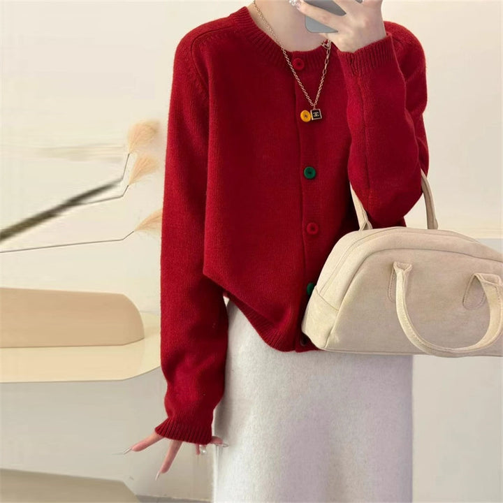 Damen kuschelige Strickjacke mit bunten Knopfdetails und modernem Schnitt Drune