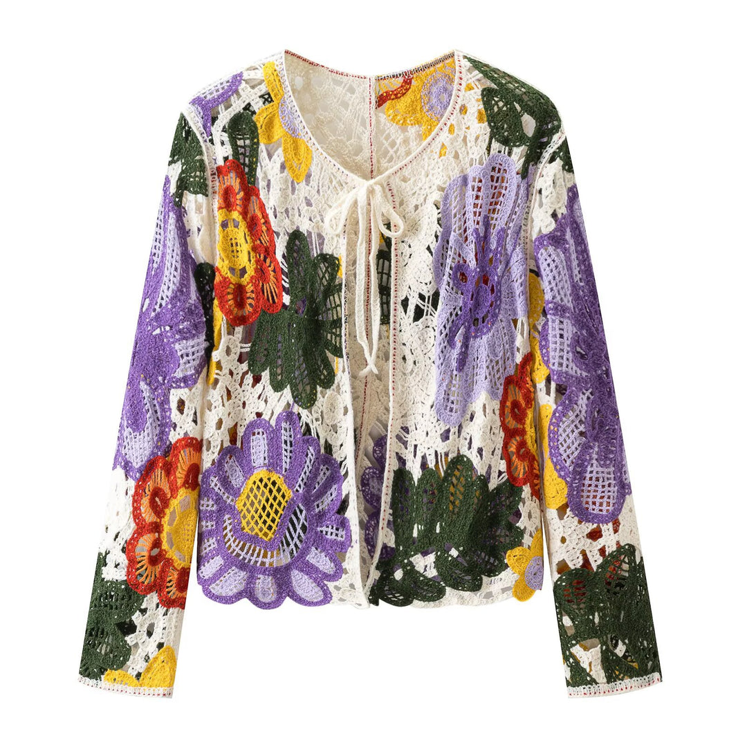 Damen Häkel-Cardigan mit floralen Applikationen und Bindeband Drune