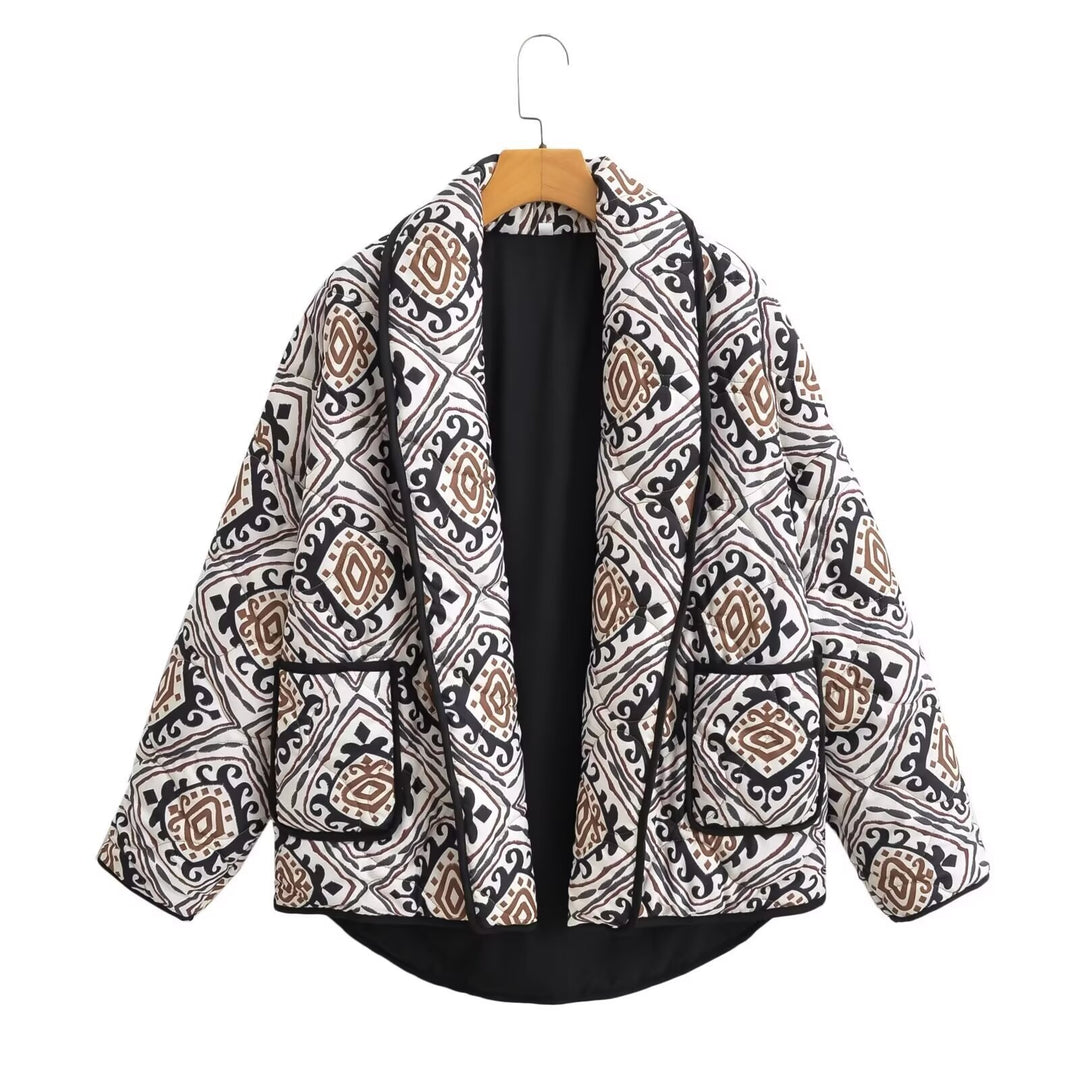 Damen Gepolsterte Kimono-Steppjacke mit Ethno-Print und Kontrastpaspeln Drune