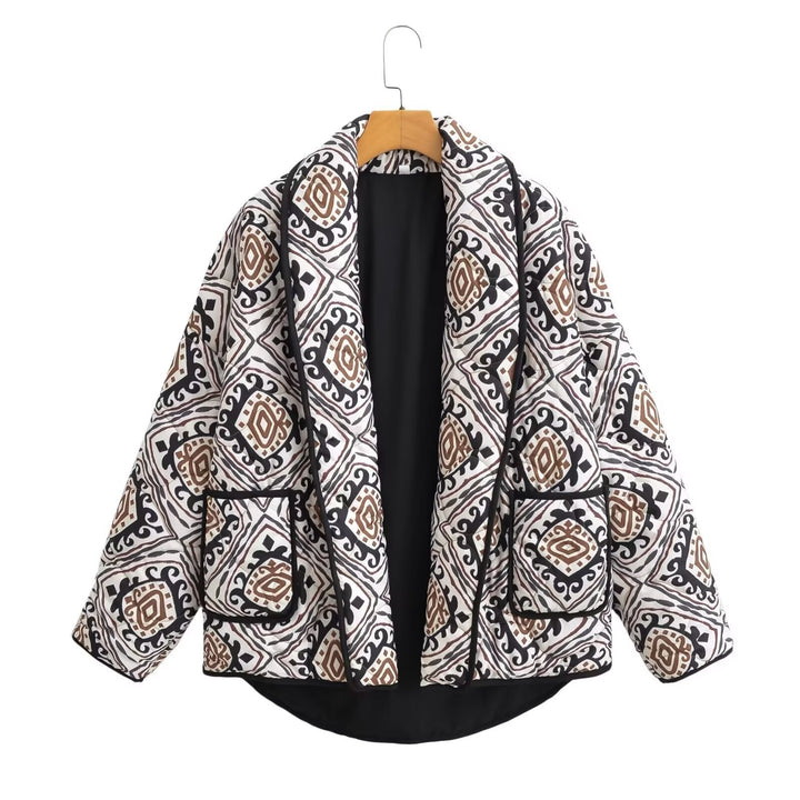 Damen Gepolsterte Kimono-Steppjacke mit Ethno-Print und Kontrastpaspeln Drune