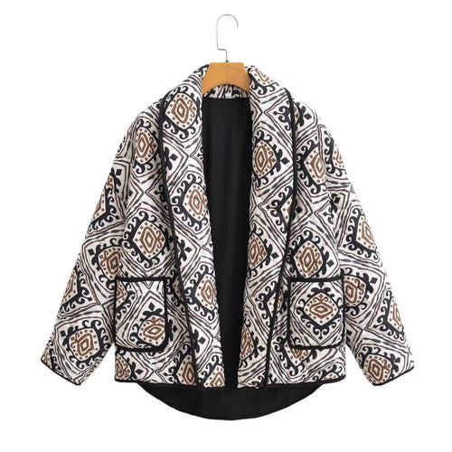 Damen Gepolsterte Kimono-Steppjacke mit Ethno-Print und Kontrastpaspeln Drune