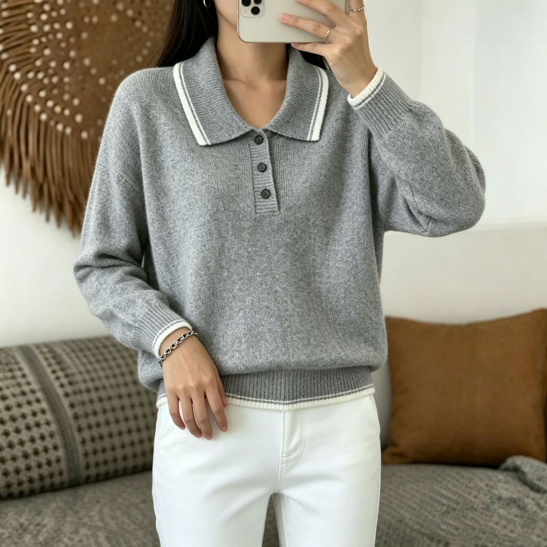 Damen Polokragen‑Strickpullover mit Knopfleiste und gerippten Bündchen Drune
