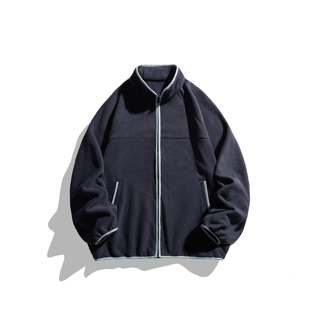 Unisex Oversize Fleecejacke mit Stehkragen, durchgehendem Reißverschluss und Kontrastpaspeln Drune
