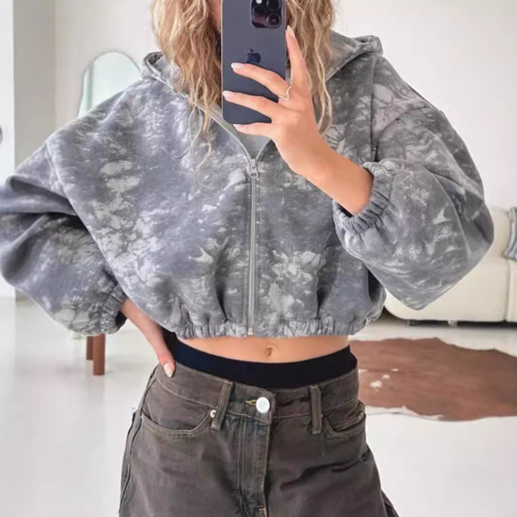 Damen nan kurzes Zip-Hoodie mit Used-Effekt, Kapuze und elastischem Saum Drune