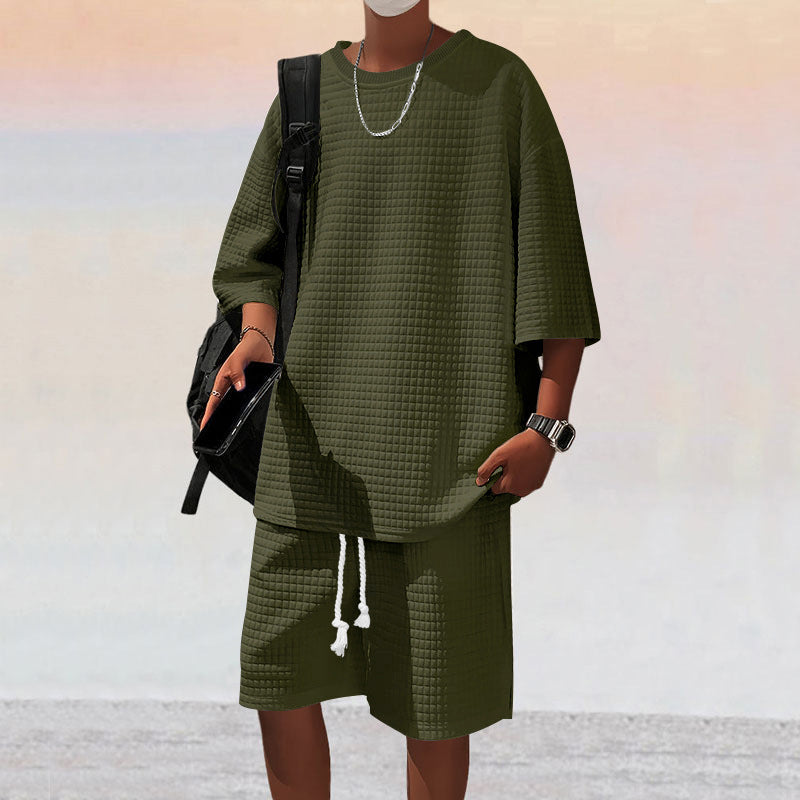 Herren nan quadratstruktur Freizeitset mit oversized Rundhalsshirt und knielangen Relax-Shorts Drune