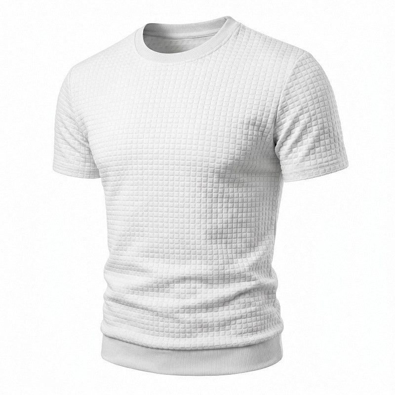 Herren nan kurzärmeliges Strickshirt mit geprägter Karostruktur, Rundhalsausschnitt und geripptem Saum Drune
