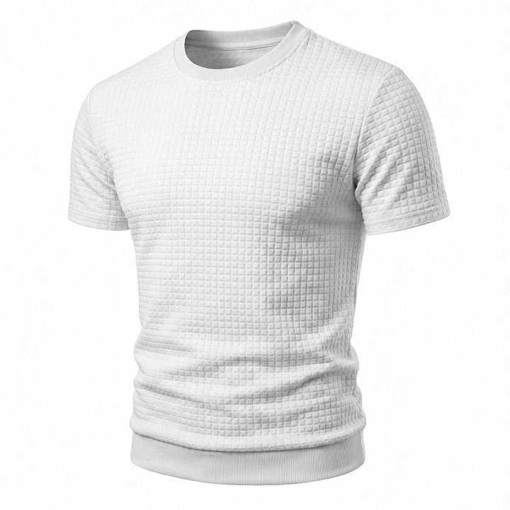 Herren nan kurzärmeliges Strickshirt mit geprägter Karostruktur, Rundhalsausschnitt und geripptem Saum Drune