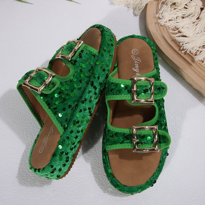 Damen Glamouröse Pantolette mit funkelnden Pailletten und verstellbaren Riemen Drune