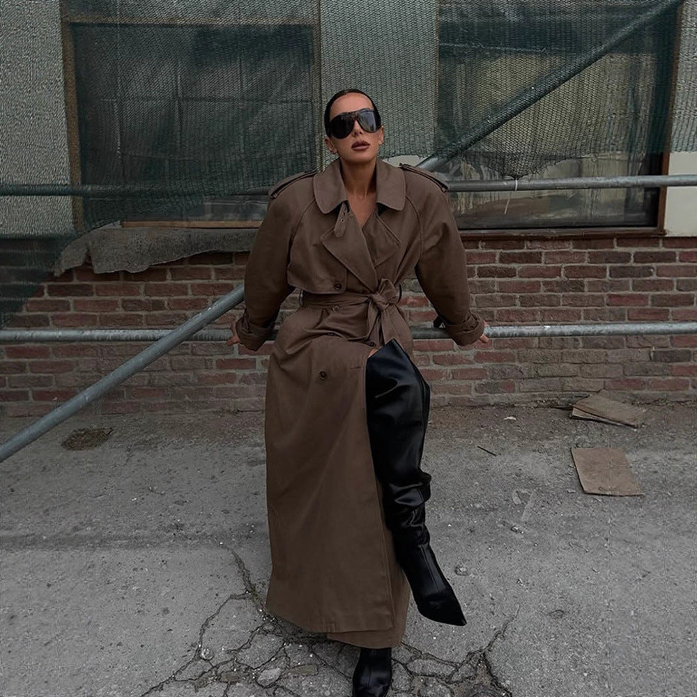 Damen eleganter Trenchcoat mit Taillengürtel und hochgeschlossenem Kragen Drune