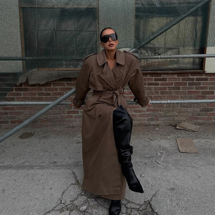 Damen eleganter Trenchcoat mit Taillengürtel und hochgeschlossenem Kragen Drune