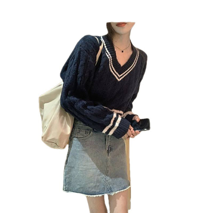 Damen modischer Strickpullover mit V-Ausschnitt und Zopfmuster Drune