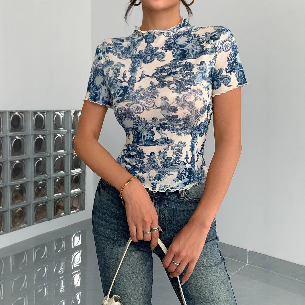 Damen nan figurbetontes kurzärmliges Netzshirt mit Stehkragen und romantischem Landhausdruck Drune