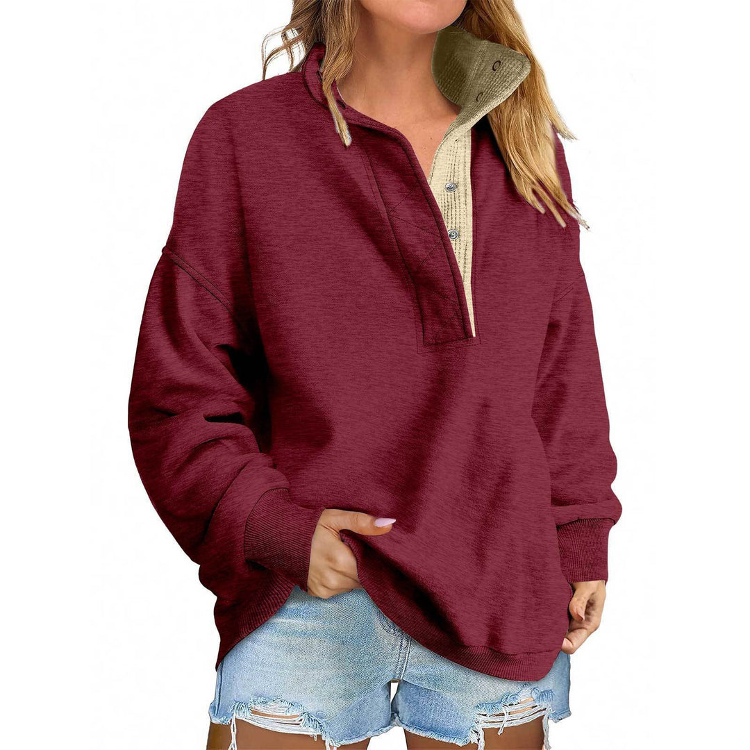 Damen Oversize-Henley-Sweatshirt mit Stehkragen und Druckknopfleiste Drune