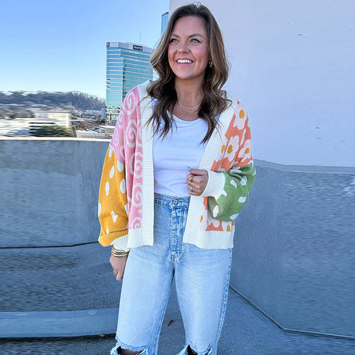 Damen gemusterter Strickjacke mit lässigem Schnitt und bunten Mustern Drune