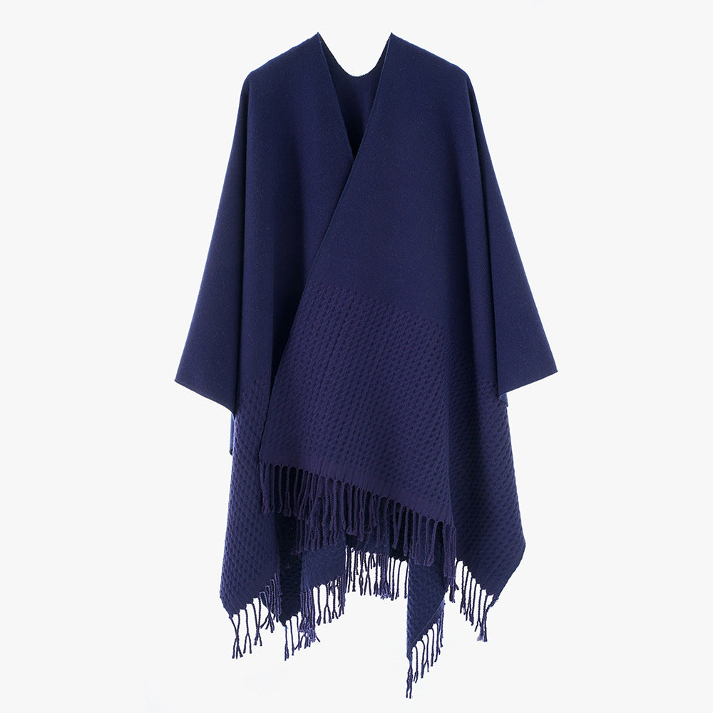 Damen Minimalistischer Wollmix-Capeponcho mit V‑Ausschnitt und Fransen Drune