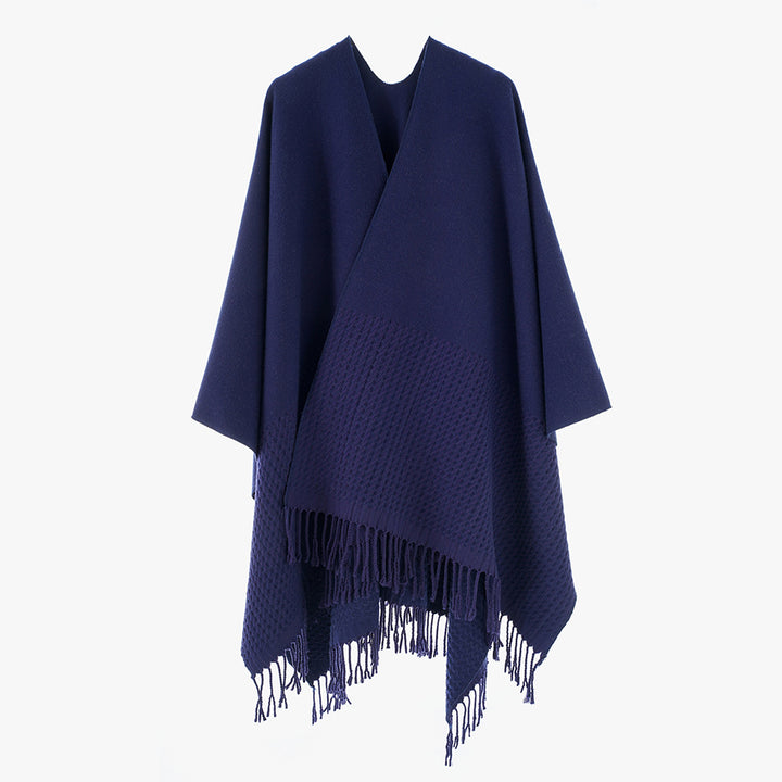 Damen Minimalistischer Wollmix-Capeponcho mit V‑Ausschnitt und Fransen Drune