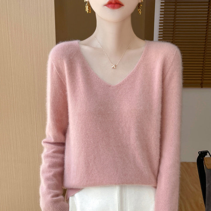 Damen Kuscheliger V‑Ausschnitt Feinstrickpullover aus Mohair‑Mix mit flauschiger Oberfläche Drune