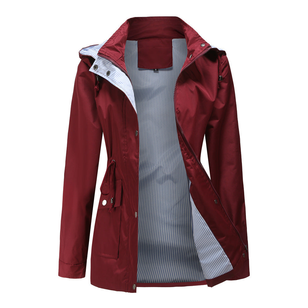 Damen Wetterfeste Regenjacke mit verstellbarem Kapuzenkragen und Taillenzug Drune
