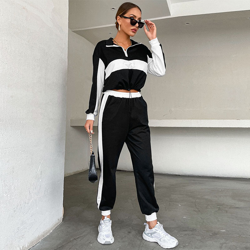Damen Sportives Crop-Trainingsset mit Half‑Zip, Kontraststreifen & Tunnelzughose Drune