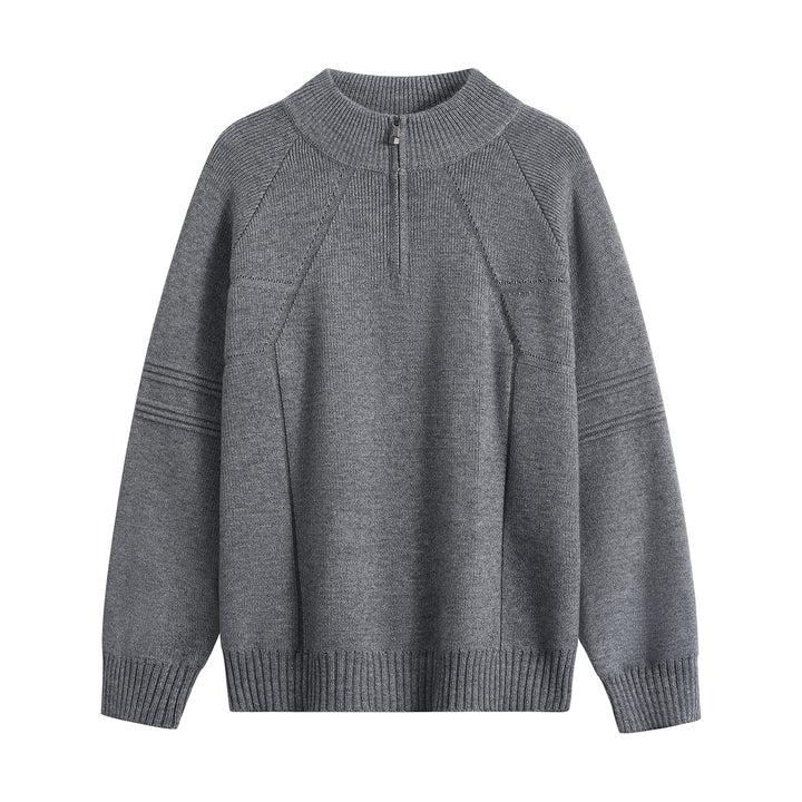 Unisex Oversize-Strickpullover mit Halbreißverschluss und geripptem Stehkragen Drune