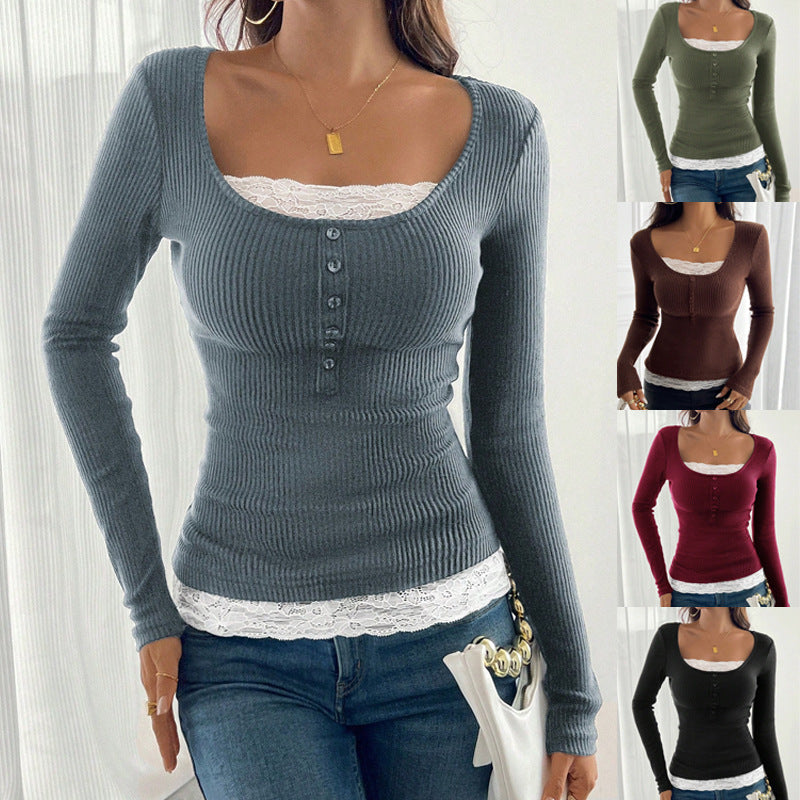 Damen Figurbetontes Rippenstrick-Top mit U‑Ausschnitt und Knopfleiste Drune