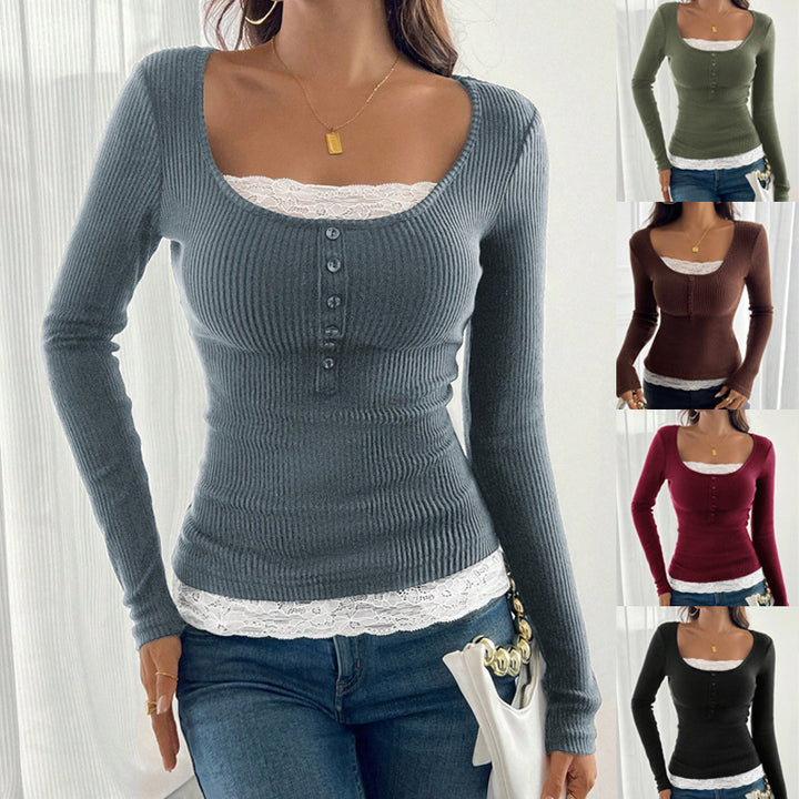 Damen Figurbetontes Rippenstrick-Top mit U‑Ausschnitt und Knopfleiste Drune