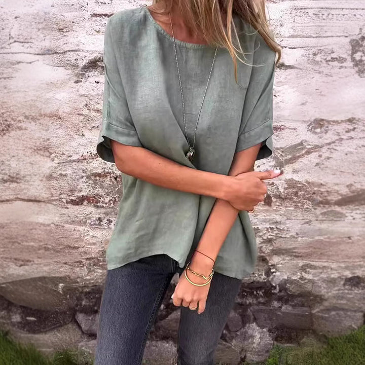 Damen Leinenbluse mit lockerem Schnitt und modischen Halbärmeln Drune