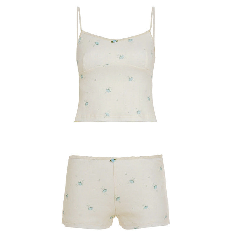 Damen Schlafanzug-Set mit feinem Blumenmuster und Spaghettiträgern Drune