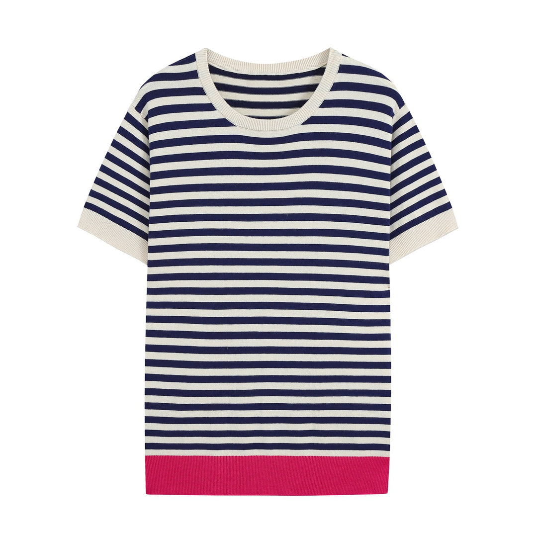 Damen Kurzärmeliges gestreiftes Ripp‑Strickshirt mit Kontrastbündchen Drune