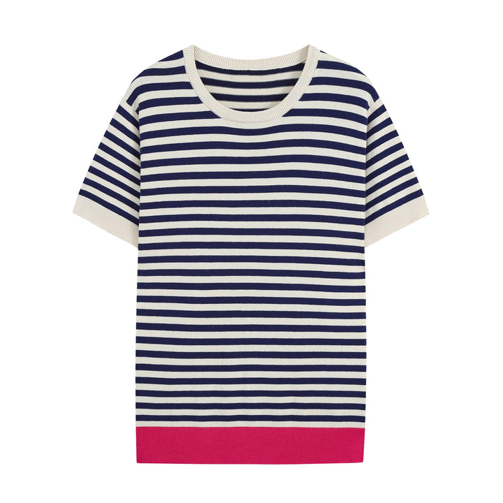 Damen Kurzärmeliges gestreiftes Ripp‑Strickshirt mit Kontrastbündchen Drune