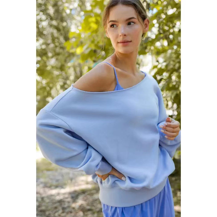 Damen lässiger Oversized Sweatshirt mit asymmetrischem Ausschnitt und hohen Bündchen Drune