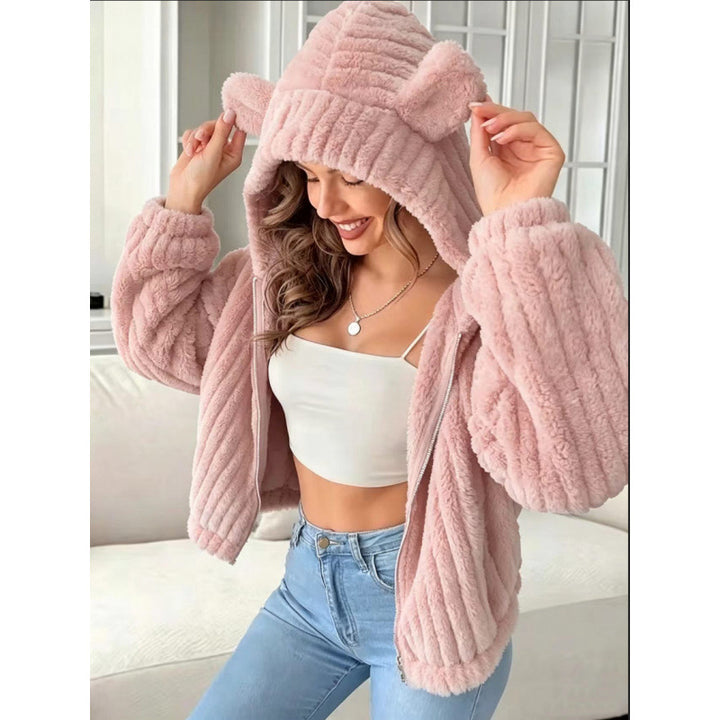 Damen Kuschelige Teddy-Kapuzenjacke mit Plüschstruktur und Kapuzenohren Drune