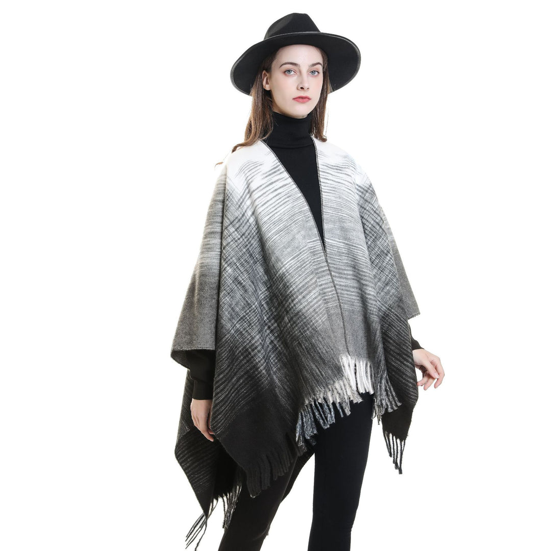 Damen Fransen‑Cape aus Wollmix mit offenem Fall und reversiblem Jacquard Drune