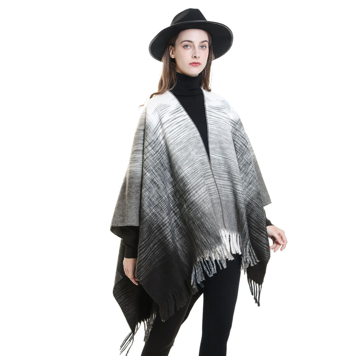 Damen Fransen‑Cape aus Wollmix mit offenem Fall und reversiblem Jacquard Drune