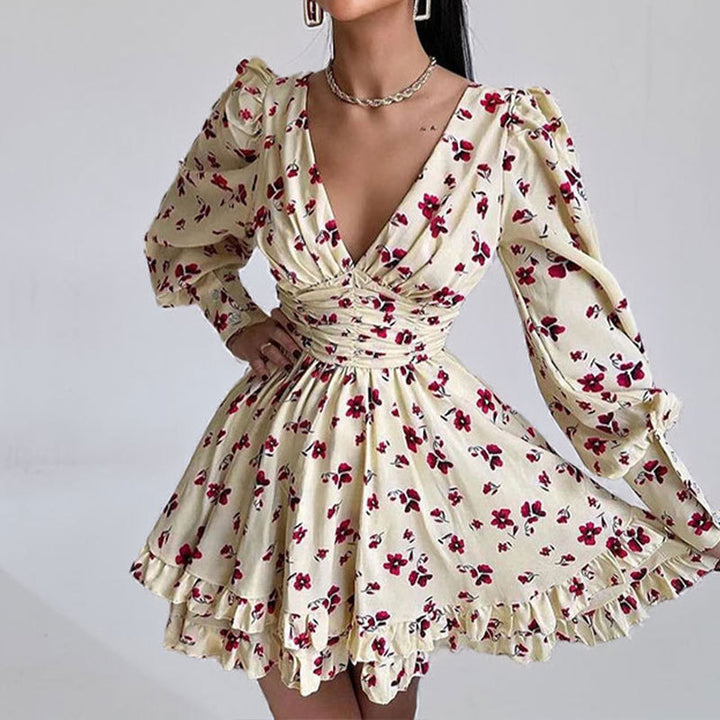 Damen kurzes Kleid mit lockeren Ärmeln und verspieltem Blumenmuster Drune