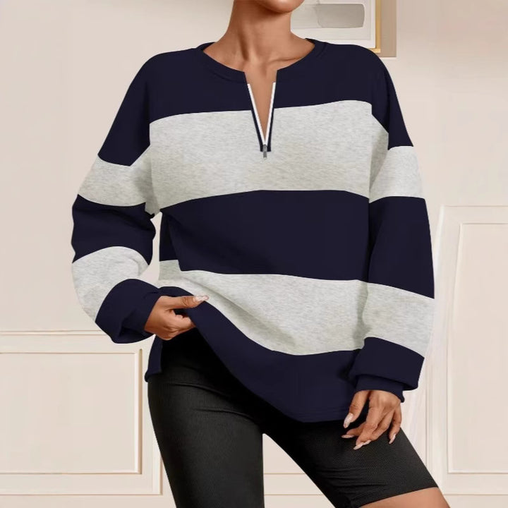 Damen Langarm Sweatshirt mit modernem Reißverschluss und gestreiftem Design Drune