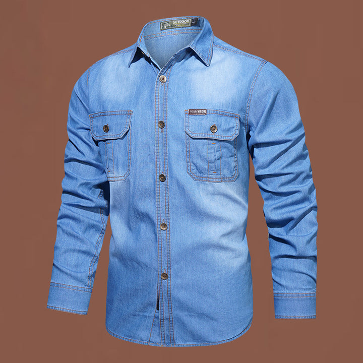 Herren  Denim Utility Button-Up-Shirt mit doppelten Klappentaschen auf der Brust Drune
