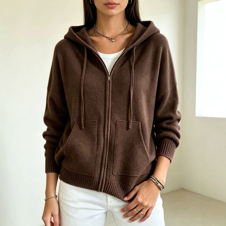 Damen Kapuzen-Wollmix Zip-Cardigan mit kastiger Passform und Kängurutaschen Drune
